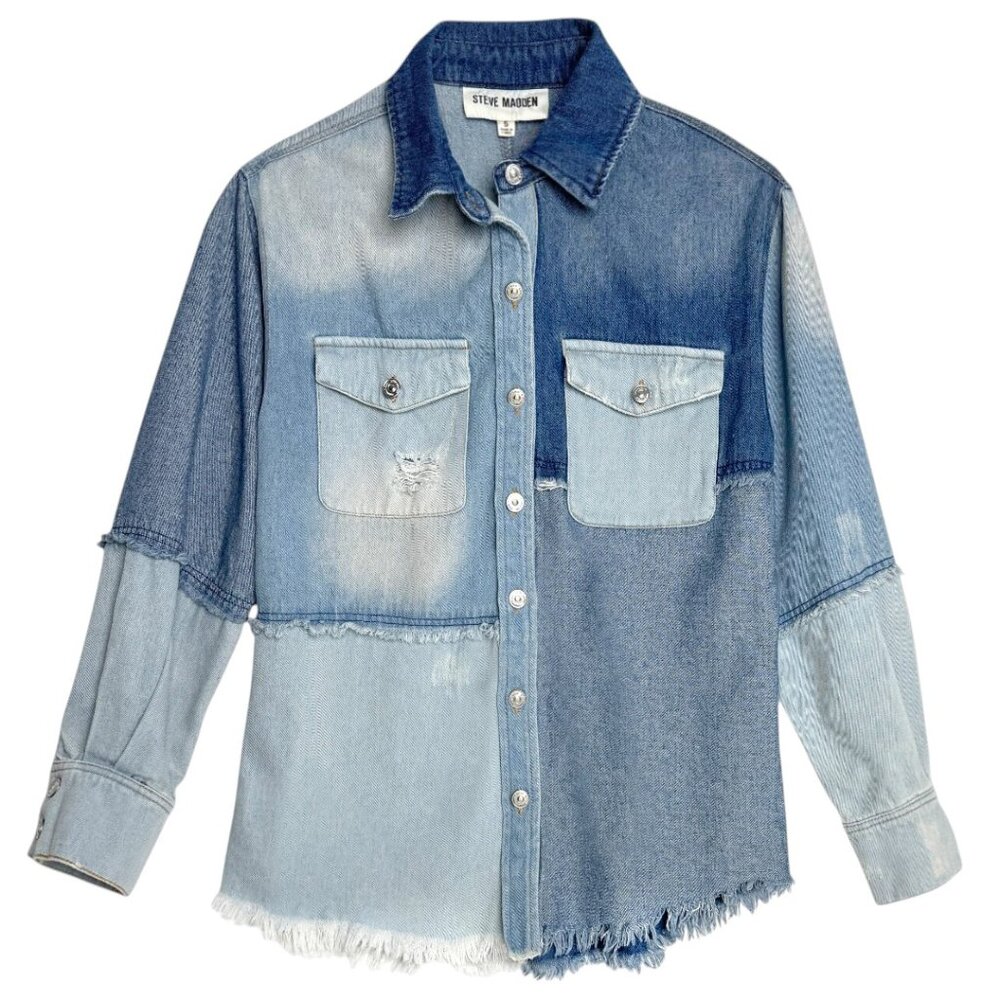 STEVE MADDEN DISTRESSED DENIM SHACKET BOHO COWGIRL SMALL - Picture 2 of 8